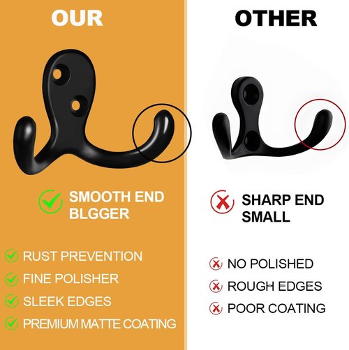 CBWLWJ Coat Hooks - Heavy Duty Double Prong Metal Wall Hooks for Home | 10 Pack in Black