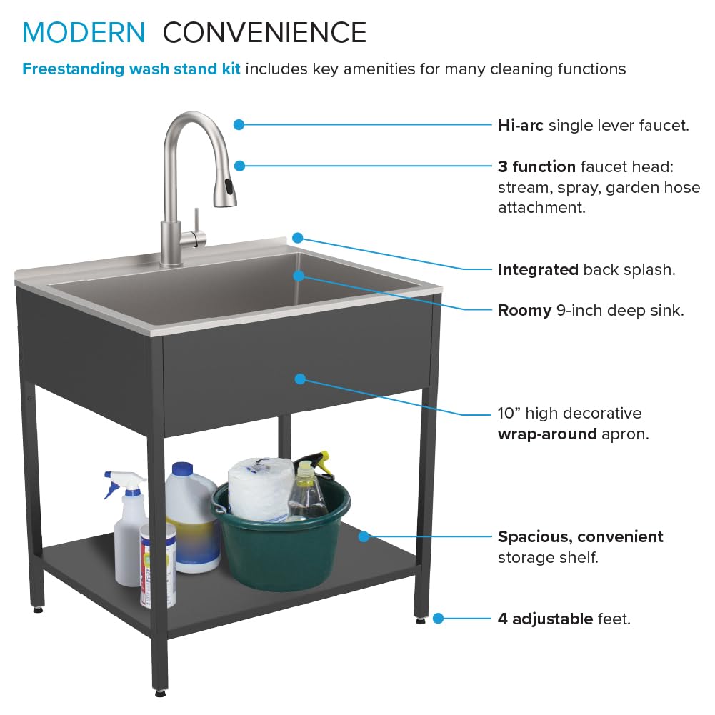 Transolid Freestanding Laundry Utility Sink with Washstand and Pull-Down Faucet, Heavy-Duty 18-Gauge Stainless, 28-Inch 18-Gallon Deep Basin, Matte Black (EWS-2822S-MB)