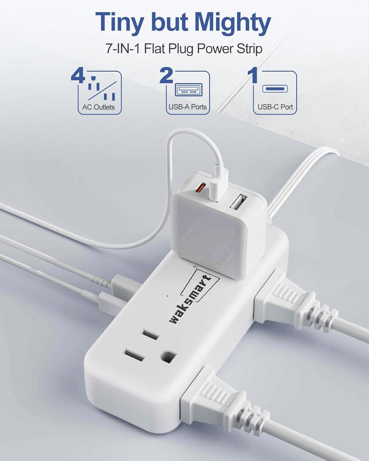 Waksmart 5 4 3 (5V/3.4A 17W), Flat Plug Power Strip - Ft Thin Flat Extension Cord with AC Outlets USB Ports Flat Outlet