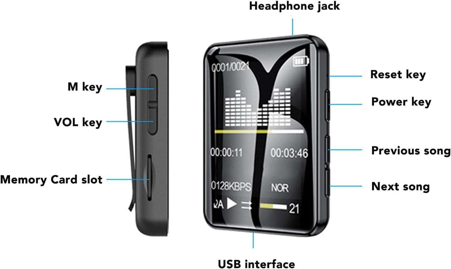 MP3 Bluetooth5.0, 1.8 inch 128GB (32G) Player with Portable Music Player with Back Clip, Built in Speaker, FM Radio
