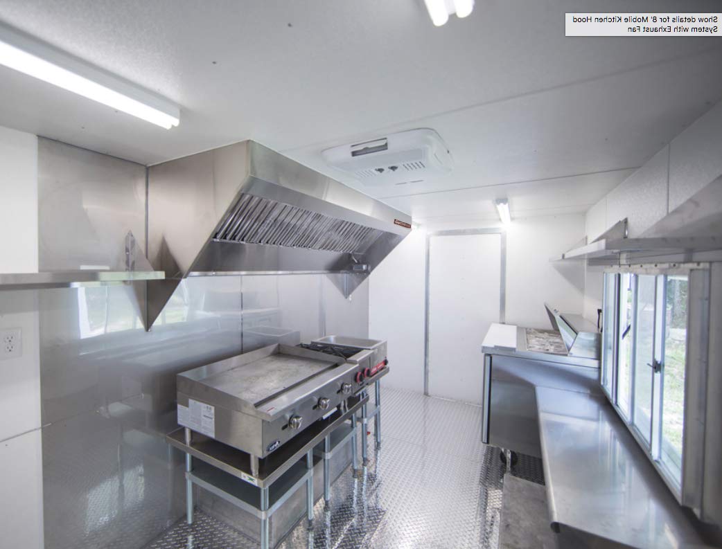 Food Truck Low Profile Exhaust Hood System Includes a stainless steel exhaust hood, an exhaust fan, an adjustable duct section, and installation hardware (4' Long Hood & Fan)
