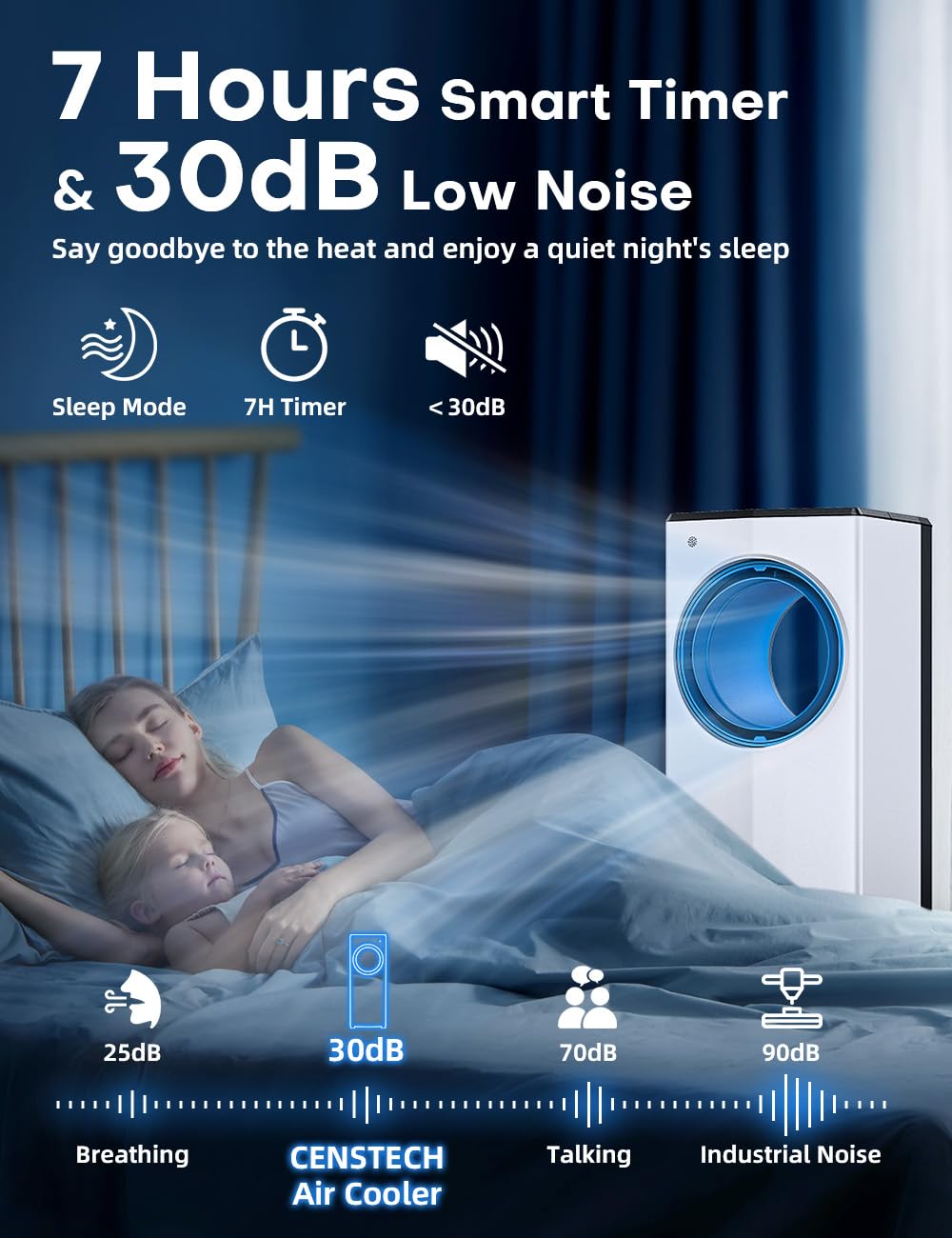 CENSTECH Windowless Air Conditioner, 27" Bladeless Evaporative Air Cooler with 4 Modes & 3 Speeds, Double Tanks for 24H Cooling, 25FT Remote, 7H Timer, 360° Swing Portable Swamp Cooler Air Conditioner