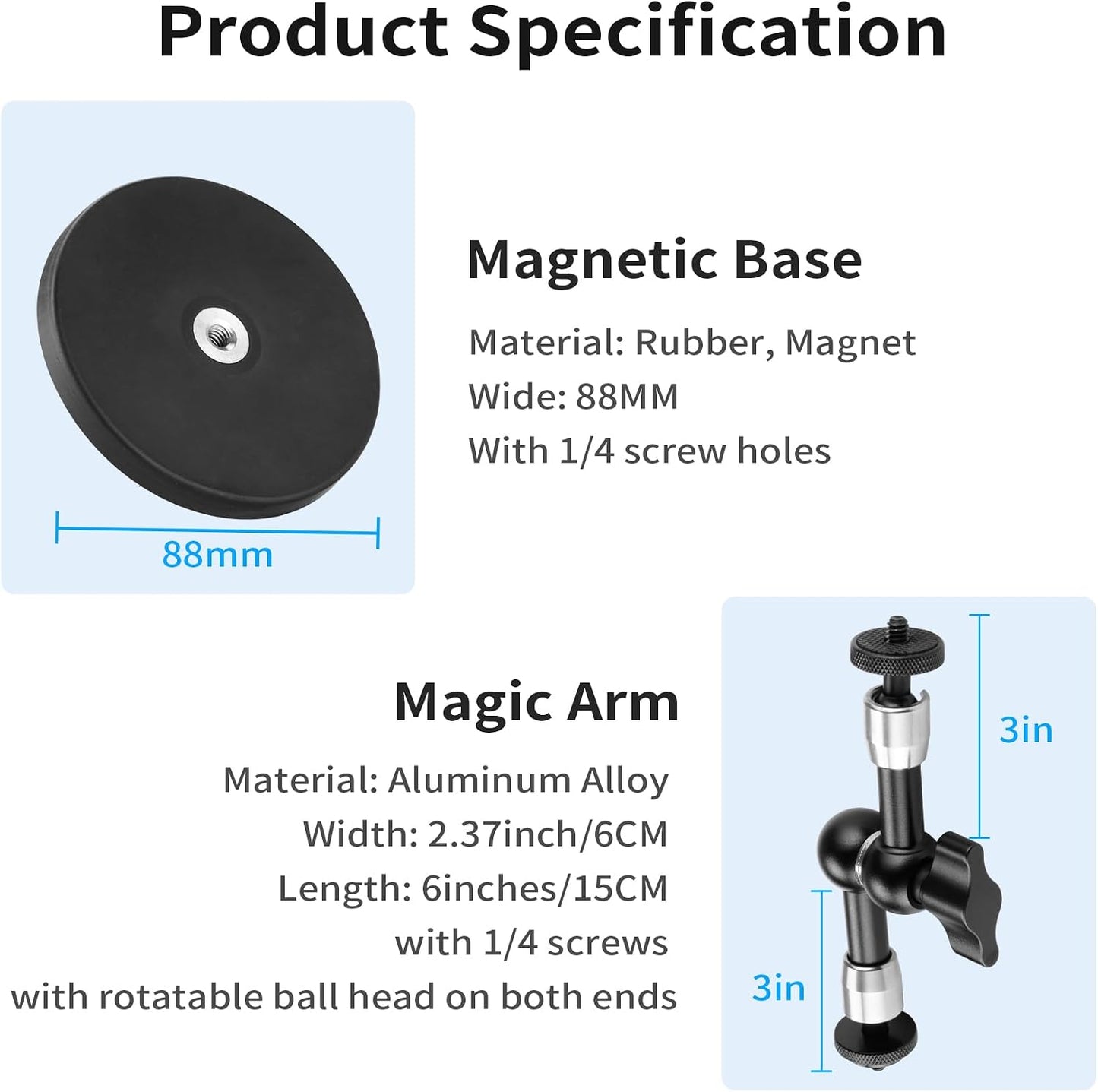Selens 88MM 6inch Adjustable Car Magnetic Camera Mount Kit: Magnetic Base and Magic Arm, Magnet Mount for Action