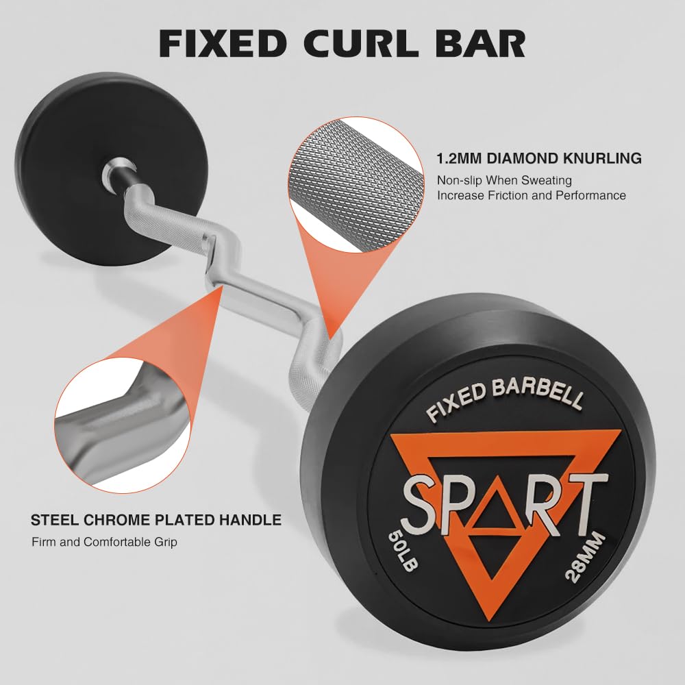 Rubber Coated Fixed Barbell, Pre-Loaded Weights EZ Curl Solid Steel Barbells, Weighted Bar for Weightlifting Exercise, Bodybuilding, Strength Training, Squat Rack & Bench Press, 30lb
