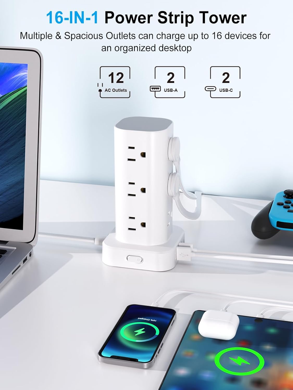 UWIWUTEI 12 4 (2 6FT Power Strip Tower with Multiple Outlets, Flat Plug Surge Protector Tower Extension Cord with AC