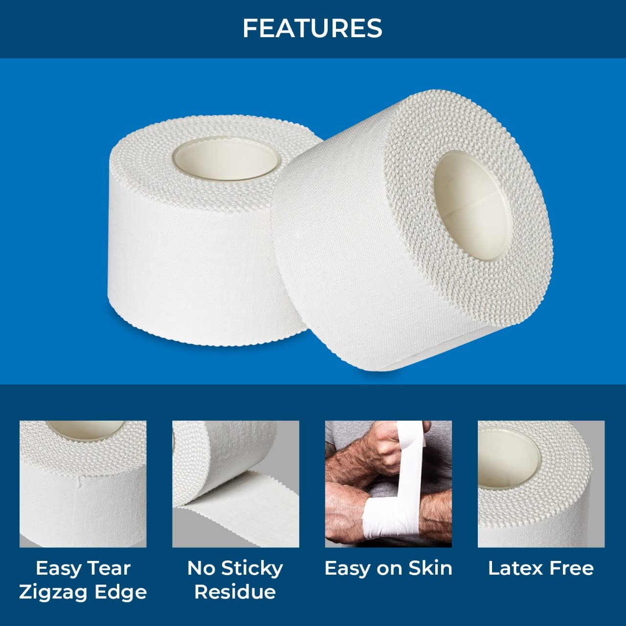 Affordtex Athletic Sports Tape – 8 Adhesive Rolls -No-Sticky Residue – White Medical Tape - Sport Tape -Skin Friendly Athletic Tape 1.5" x 10 Yards for Athletes, Coaches, Amateurs (8, White)