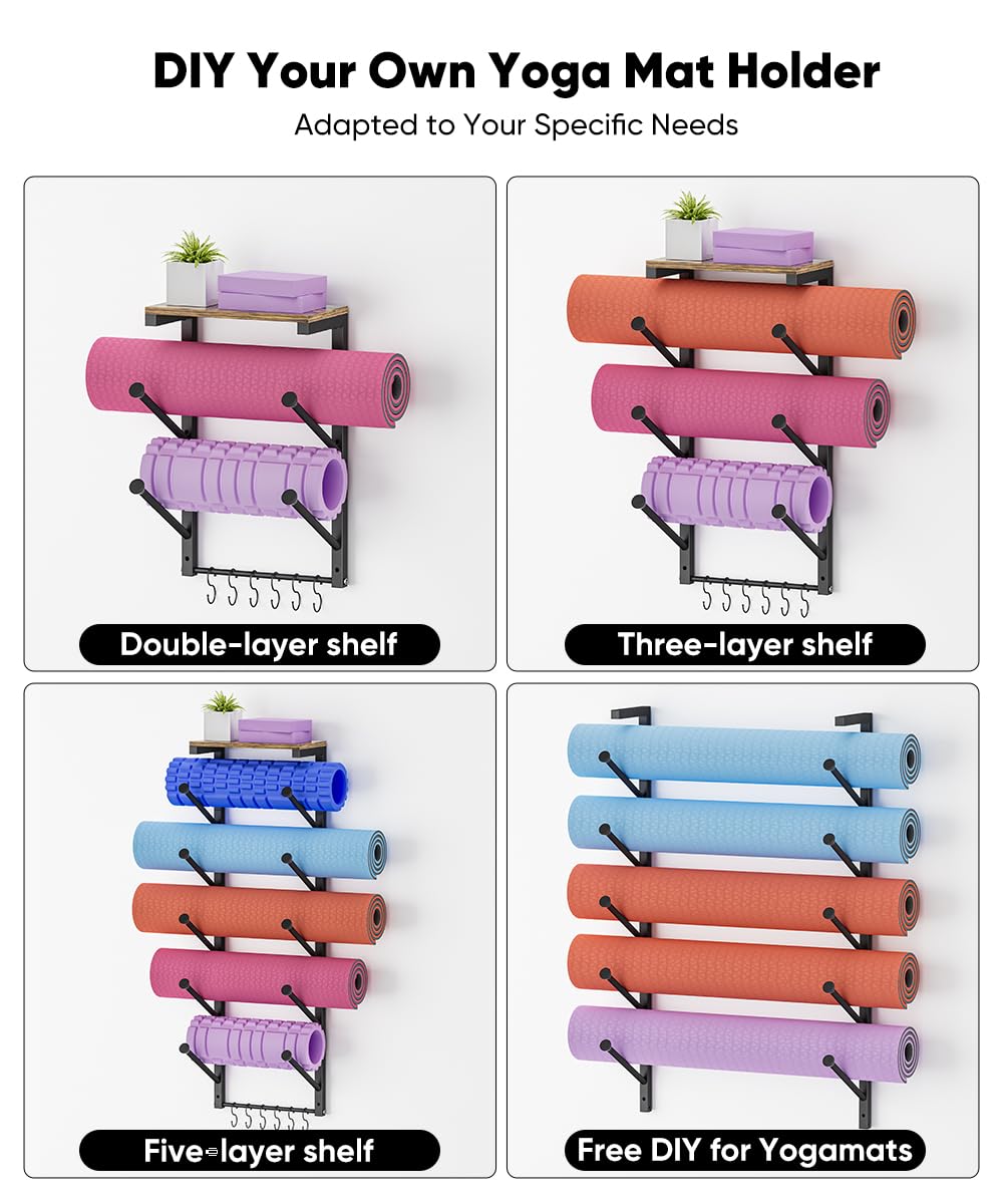 WAALIJI 5 Tiers Yoga Mat Holder Rack Wall Mount with 6 Hooks for Hanging Accessory Yoga Strap Foam Rollers Resistance Bands, Yoga Mats Organizer with Floating Shelf for Home Gym Storage Fitness, Black