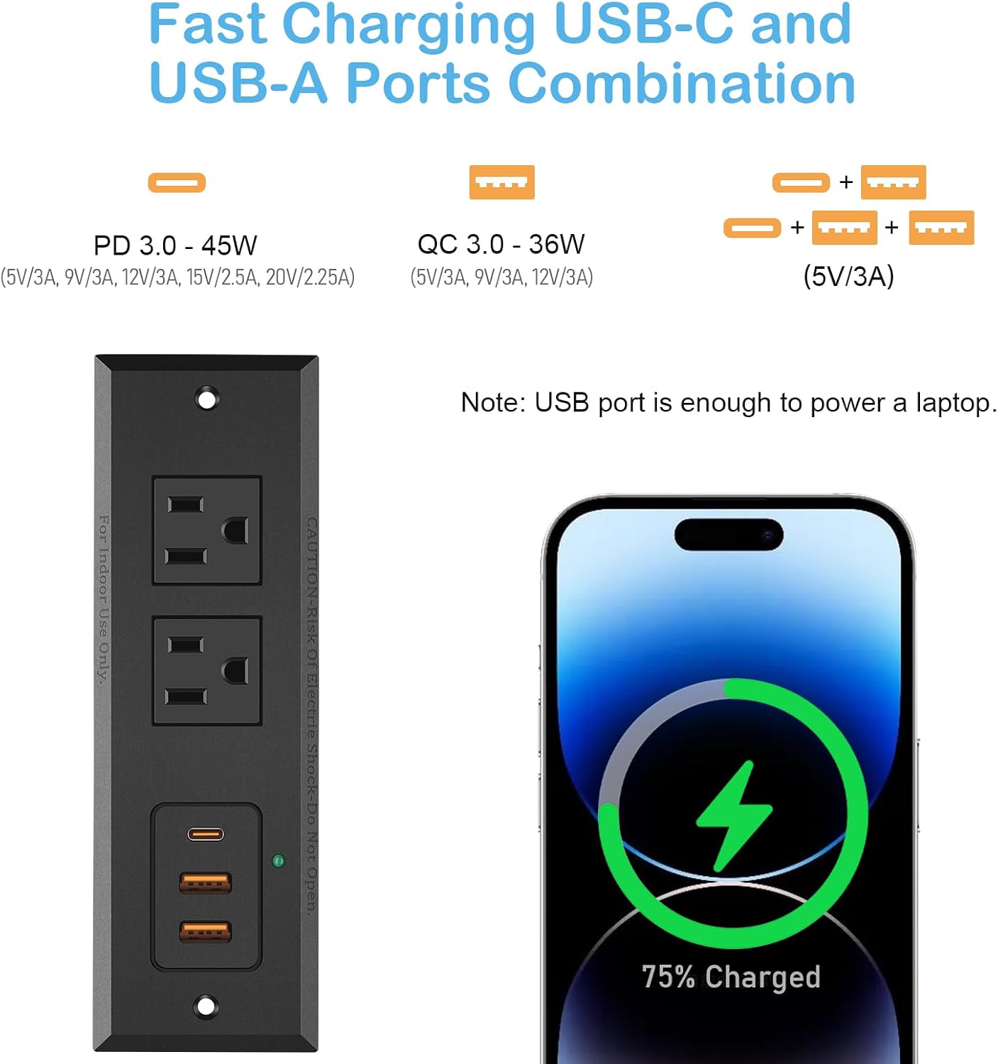 CCCEI 45 4FT 45 Recessed Power Strip with W USB C Port, Fast Charging USB A Port Desk Outlet, Furniture Hidden Charging