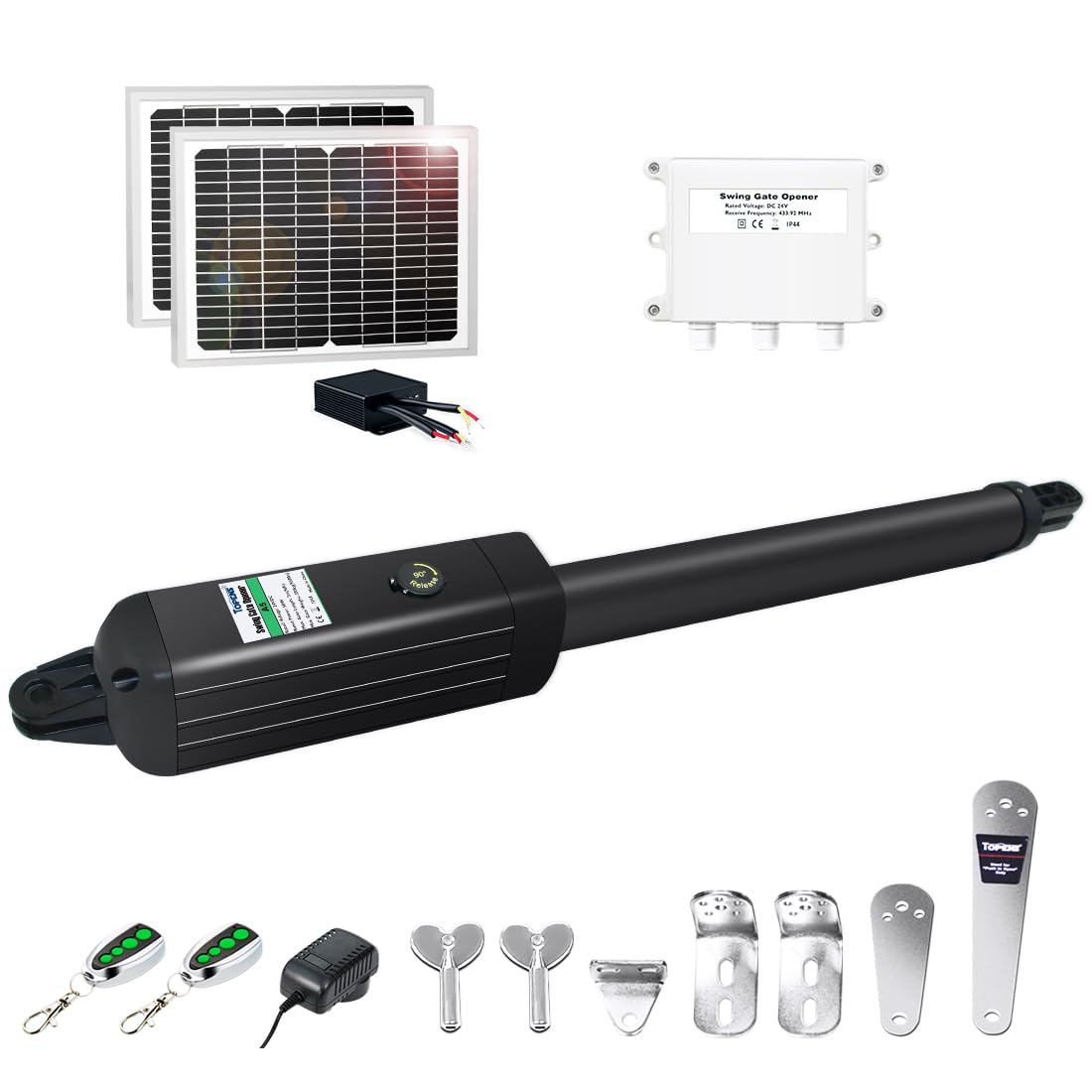 TOPENS A5S Automatic Solar Gate Opener for Medium Duty Single Swing Gates Up to 16ft, Single Swing Gate Operator Battery Powered with Remote Control Kit Gate Motor Solar Panel Included