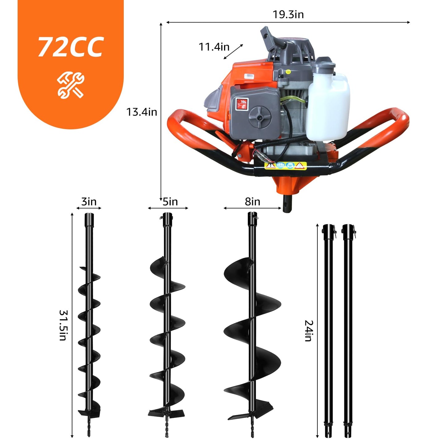 XJADQW 72CC 2-Stroke Gas Powered Post Hole Digger with 3" & 5" & 8" Auger Bits + 24“ & 24" Extension Rod, Heavy Duty Earth Auger for Farm, Garden, Landscaping, Construction