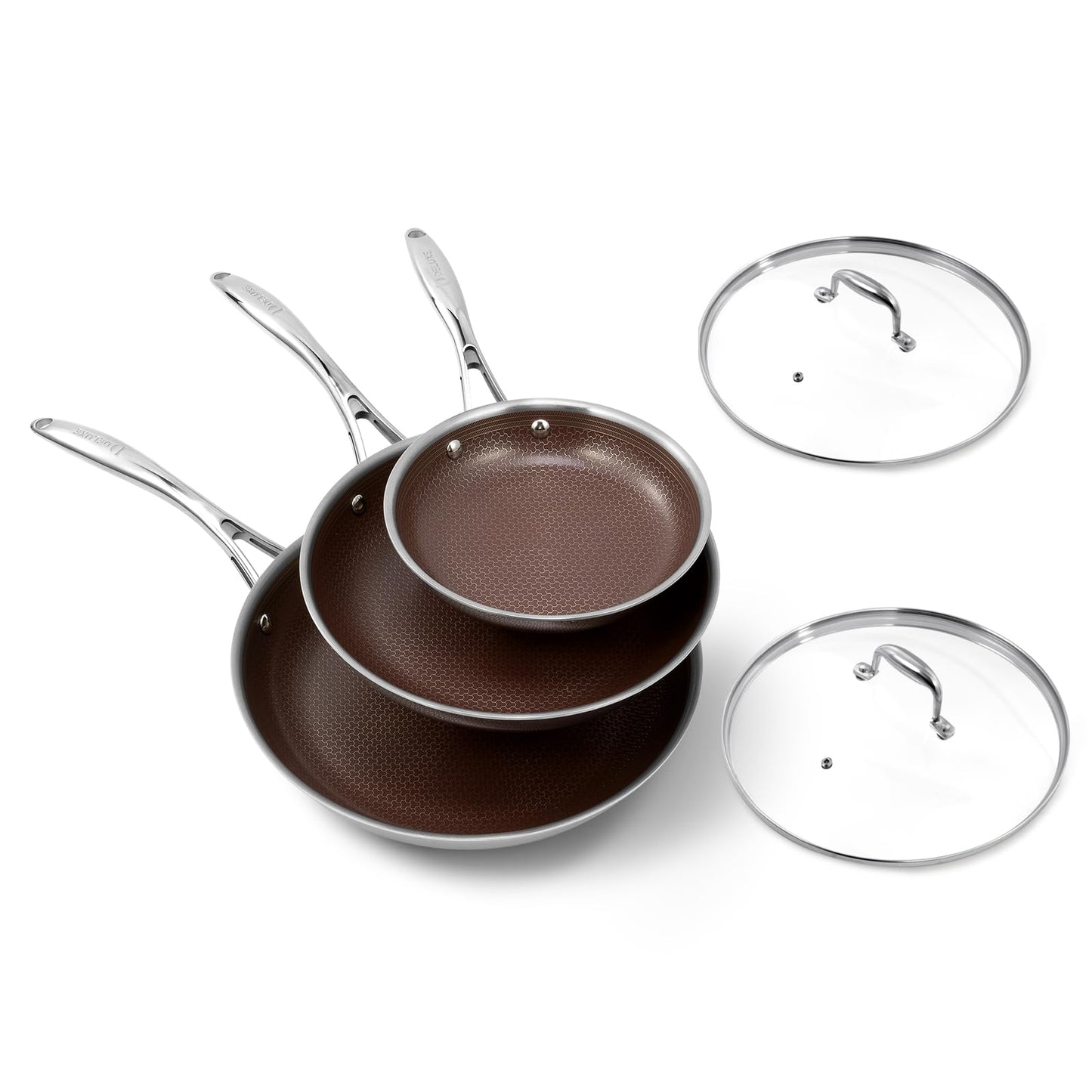 DELUXE Hybrid Ceramic Nonstick 5-PC Fry Pan Set,8,10,12 Inch Frying Pans with Tempered Glass Lid,Stay-Cool Handle, Dishwasher Safe, Works on All Stovetops Induction for Home Daily Cooking (Burgundy)