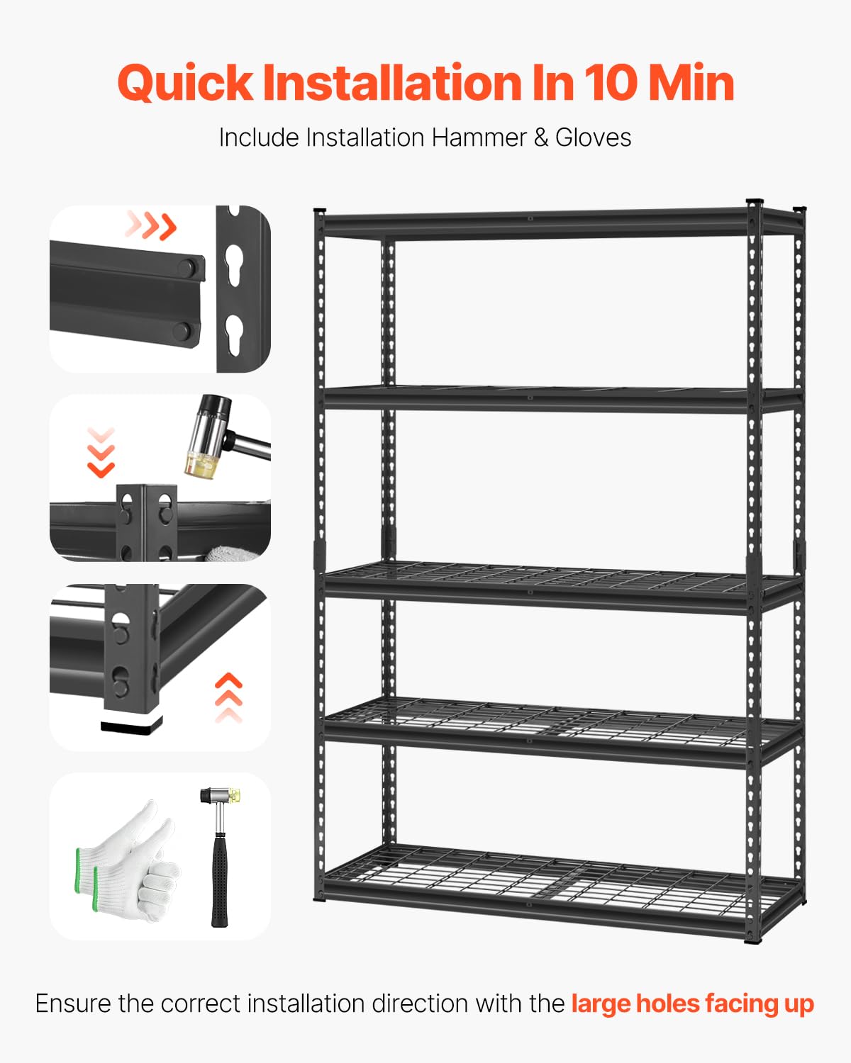VEVOR Storage Shelves, 2500 lbs, 5 Tier Heavy Duty Garage Shelving, 18" D x 48" W x 72" H Adjustable Metal Shelves for Industrial Shelving Unit Utility Shelf, for Kitchen, Warehouse, Basement, Black