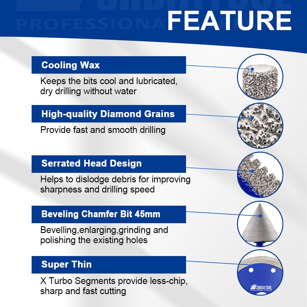 SHDIATOOL Diamond Drill Bits Kit - Core Bits Hole Saw Sets,Mould Guide for Drilling Porcelain Tile Marble Ceramic Granite with Hollow EVA Guide Jig 13pcs(6/8/10/20/25/28/32/35/50/65/1-3/4in+4.5in+6mm)
