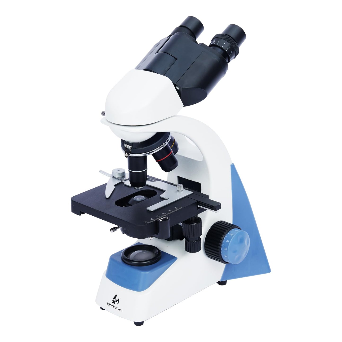 MicroMarvels Professional Compound Binocular Microscope 40X-2000X, Dual LED Illumination with WF10X & WF25X Eyepieces, Metal Frame for School Laboratory, Home Education, Home Learning (Blue & White)