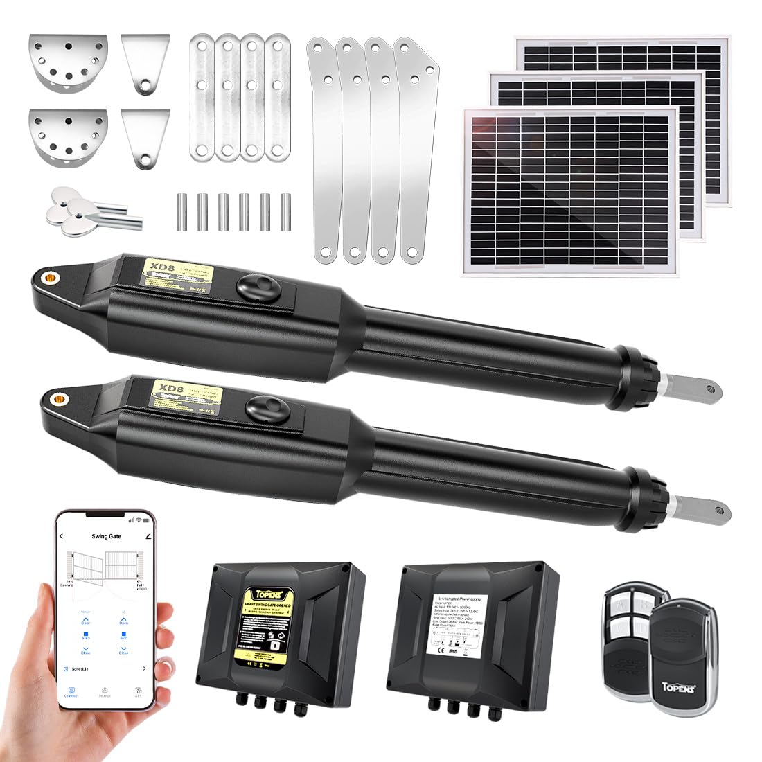 TOPENS XD852S Smart Gate Opener for Heavy Duty Solar Dual Swing Gates Up to 18ft per Arm, Automatic Gate Opener with App Control AC Powered Remote Control Kit Solar Panel Included