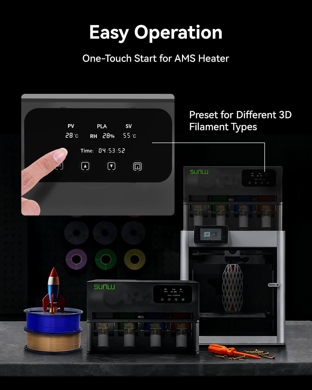 SUNLU AMS Heater, Compatible with Bambu lab AMS Gen 1 – Enables Simultaneous Printing & Drying, Easy Installation, Fast Heating to 70°C, 4-Spool Capacity Filament Dryer (Not Included AMS)