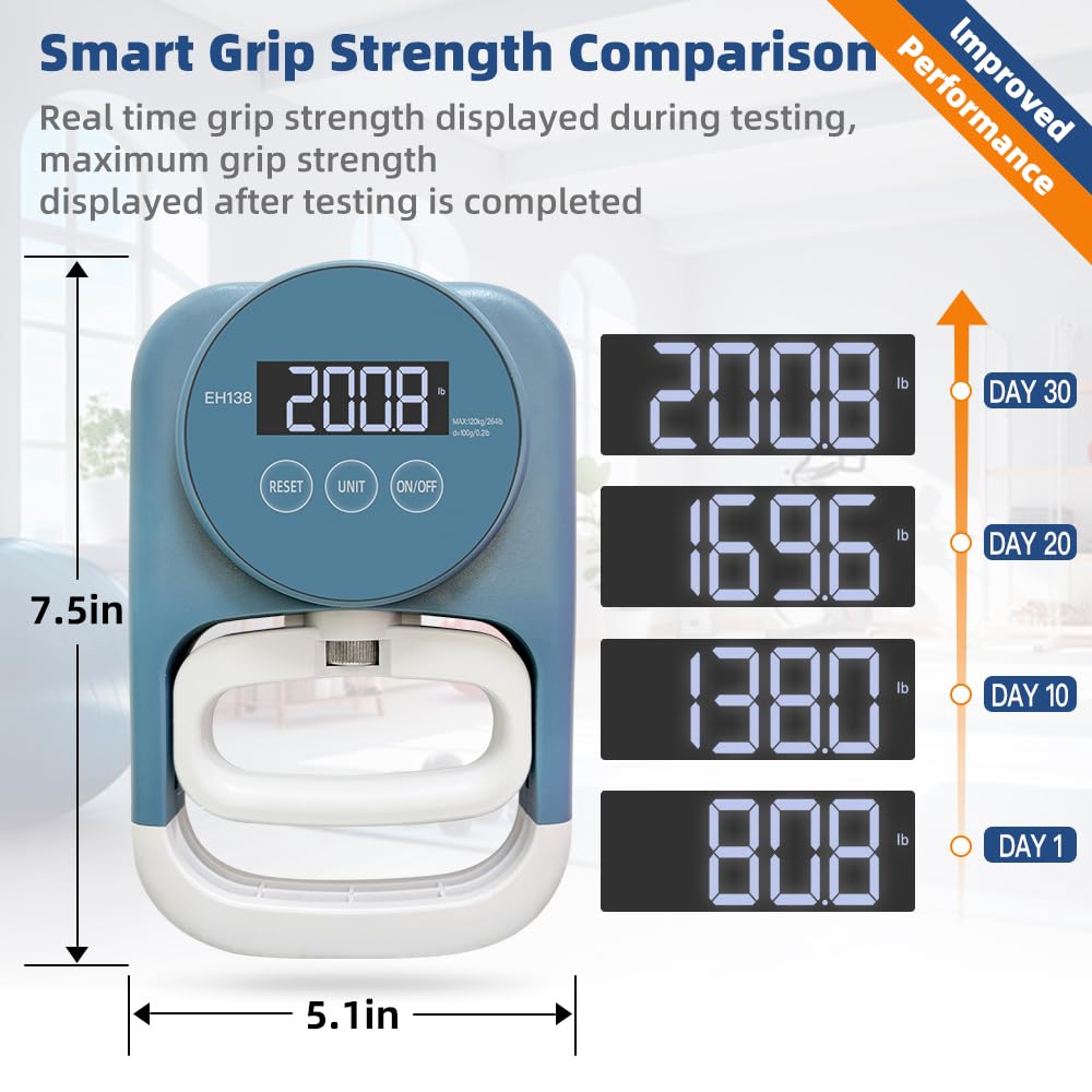Grip Strength Tester Hand Dynamometer - Grip Strength Trainer Hand Exerciser with Potenciador de Agar de mano Novice Friendly Adjustable Handle for School Home Sports Use (265 Lbs / 120 Kgs)