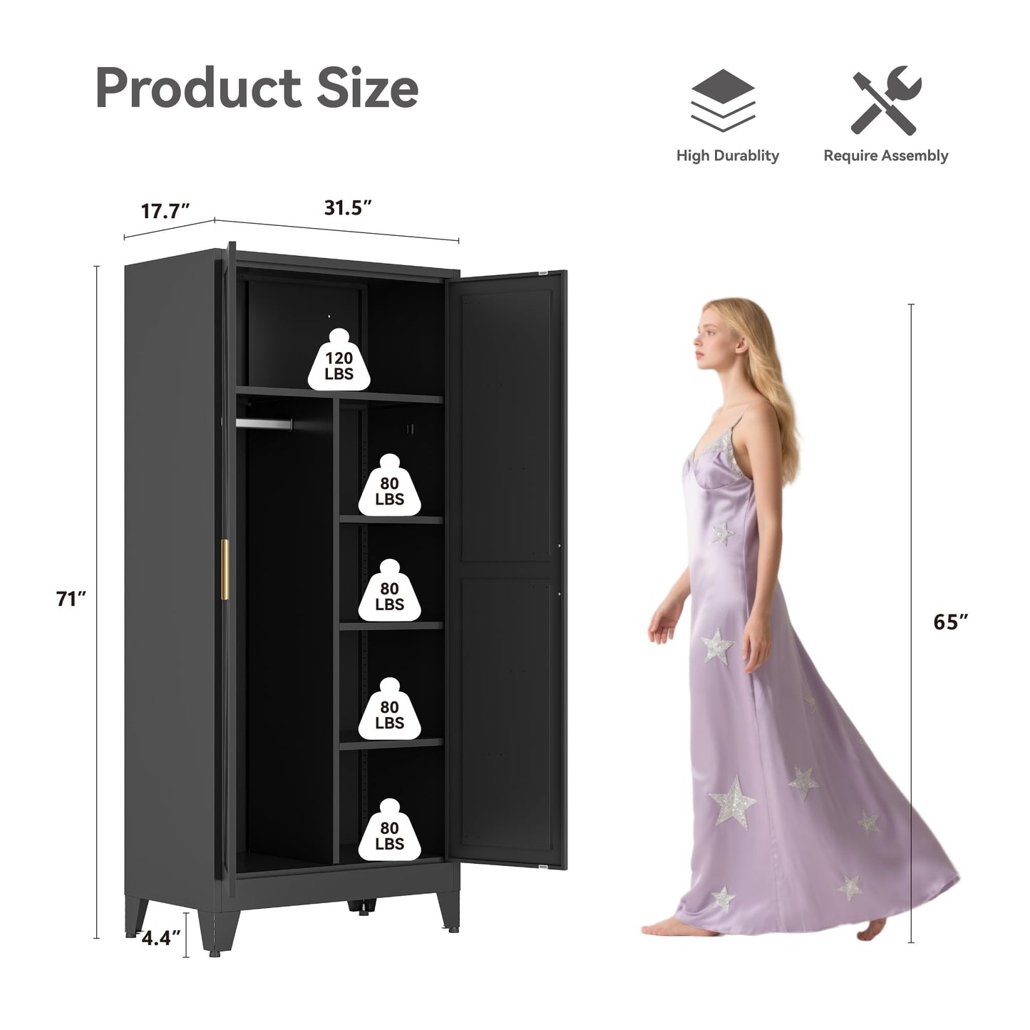 Metal Broom Closet Cabinet, Utility Storage Cabinet with 4 Shelves, Farmhouse Metal Closet with Doors, 71" Tall Storage Cabinets with Hanging Rod and Clothing Shelf for Hallway Laundry Mudroom
