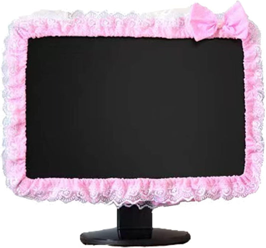 (17''-22''Pink) Computer Monitor Cover with Lovely Cute Elastic Pen Pocket Bow-knot TV LCD Screen Monitor Decoration