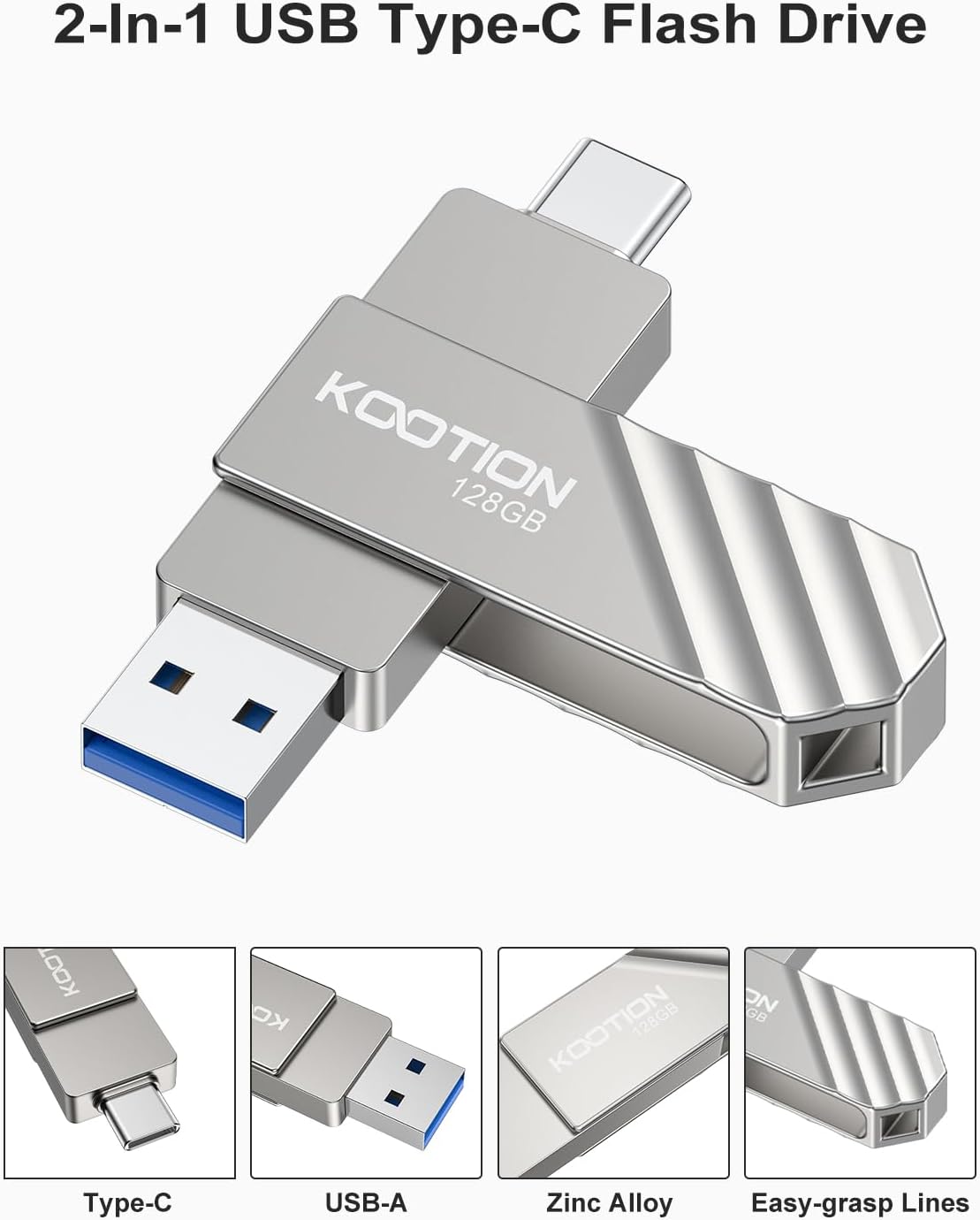 KOOTION 3.2 128GB, 450 USB Flash Drive Up to MB/S Read Speed USB C Memory Stick, Dual USB C Thumb Drive with USB Type-C