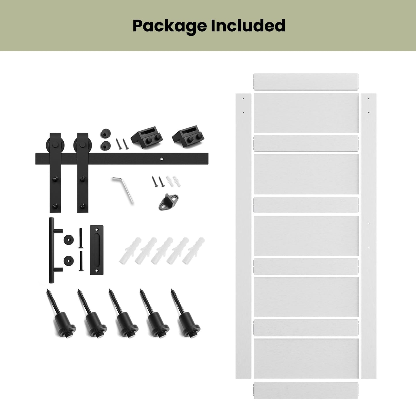 SmartStandard 36in x 84in Sliding Barn Door with 6.6FT Barn Door Hardware Track Kit & Handle, Waterproof PVC Surface, Pre-Drilled Holes Easy to Assemble, Solid, MDF, White, 5-Panel