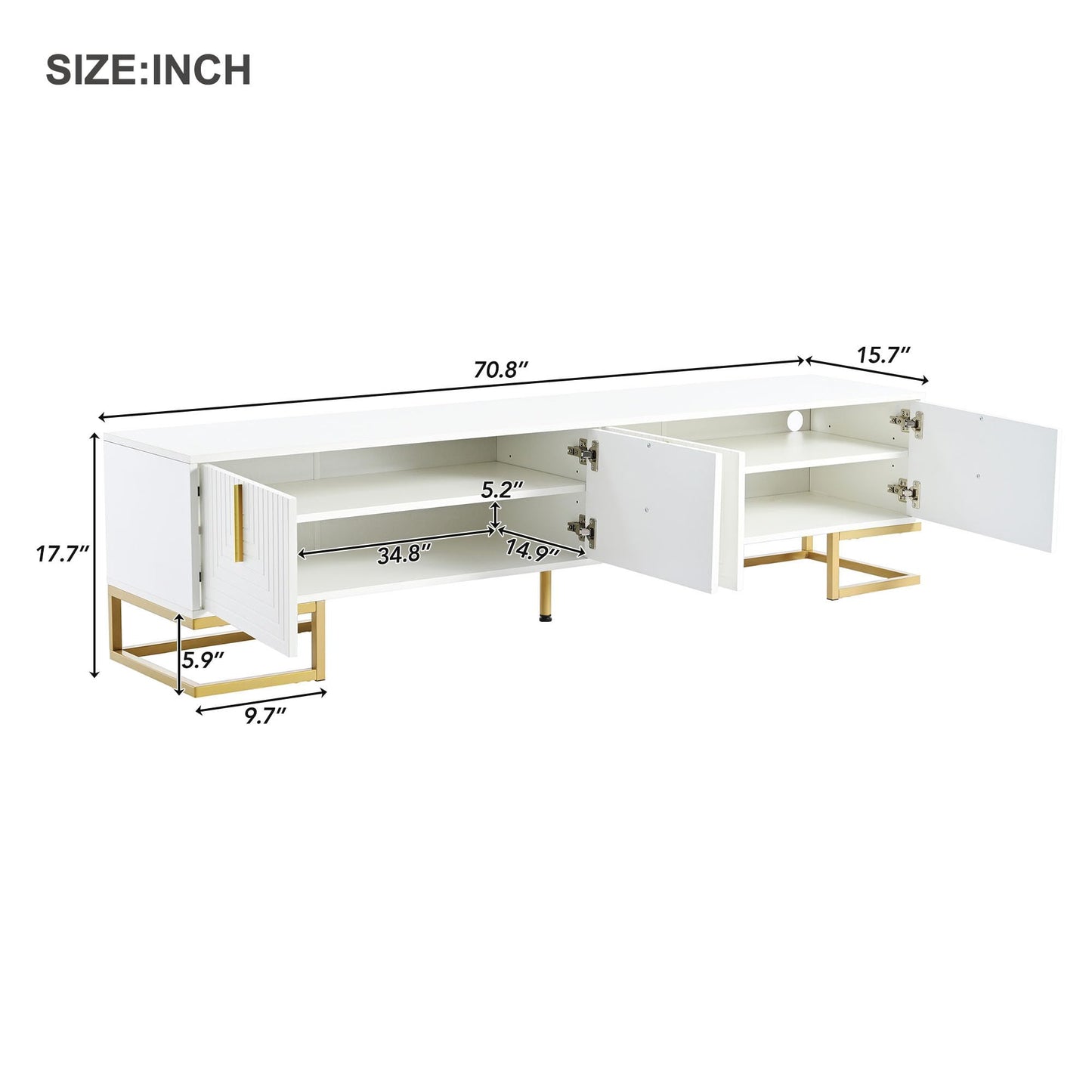 Ball & Cast Modern TV Stand with Storage Cabinets for TVs up to 80", Luxury Media Console w/Metal Legs & Gold Handles,Geometric Lines & Adjustable Shelf,Entertainment Center for Living Room,White