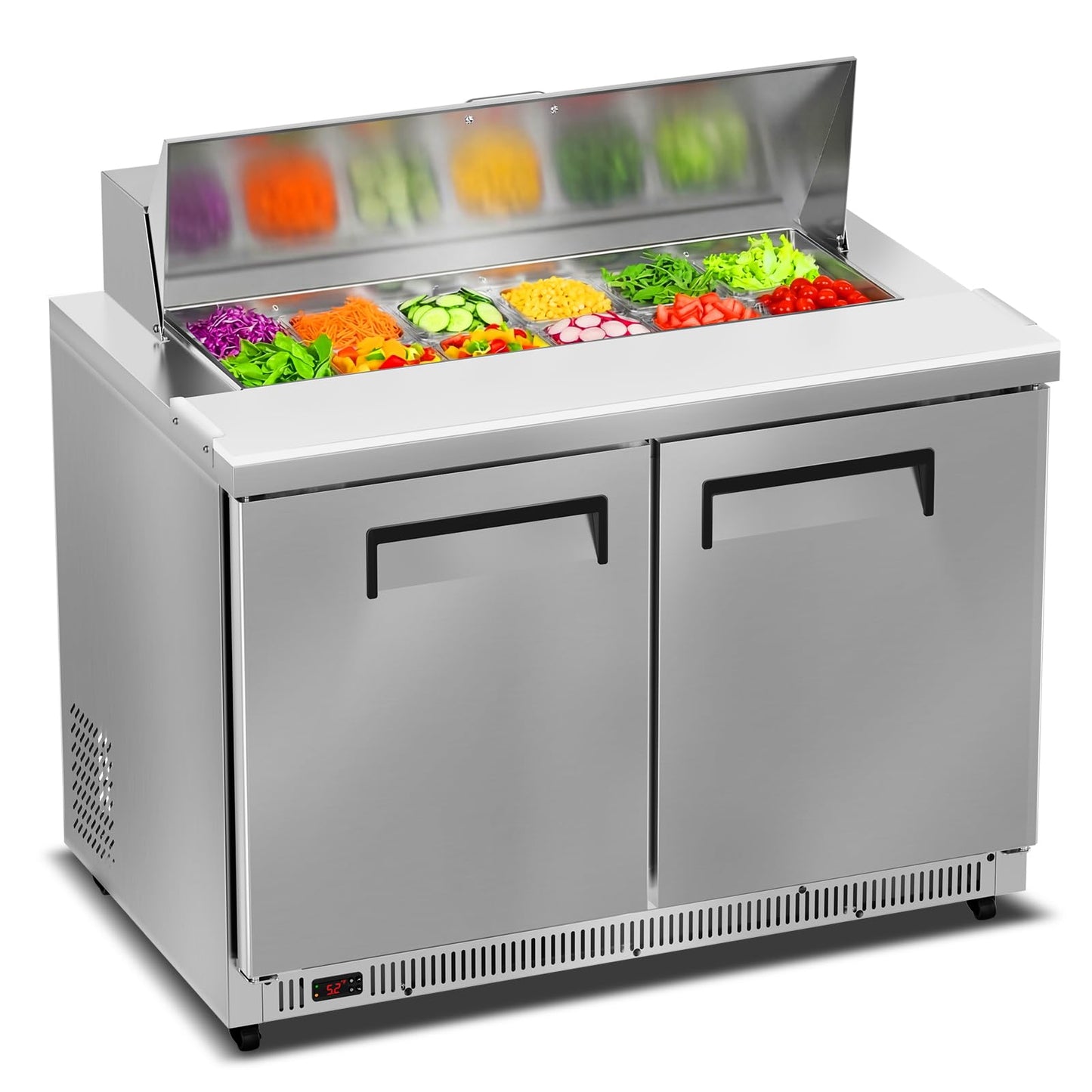 Tylza 48" Commercial Refrigerator, 12.7 Cu.Ft Sandwich Salad Prep Table, Mega Top Worktop Fridge w/ 12 Pans & Cutting Board, 2-Door Stainless Steel Salad Prep Cooler for Restaurant & Food Truck