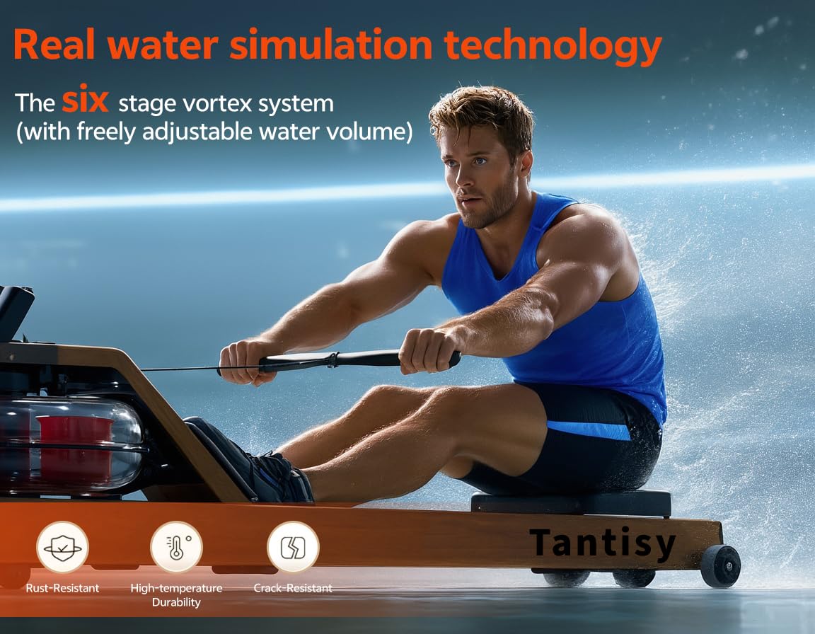 TANTISY Foldable Rowing Machines for Home with Adjustable Large Water Tank & Comfortable Seat for Real Experience Immersive Water Rower, APP Link,Water Resistance 330LBS Weight Capacity;