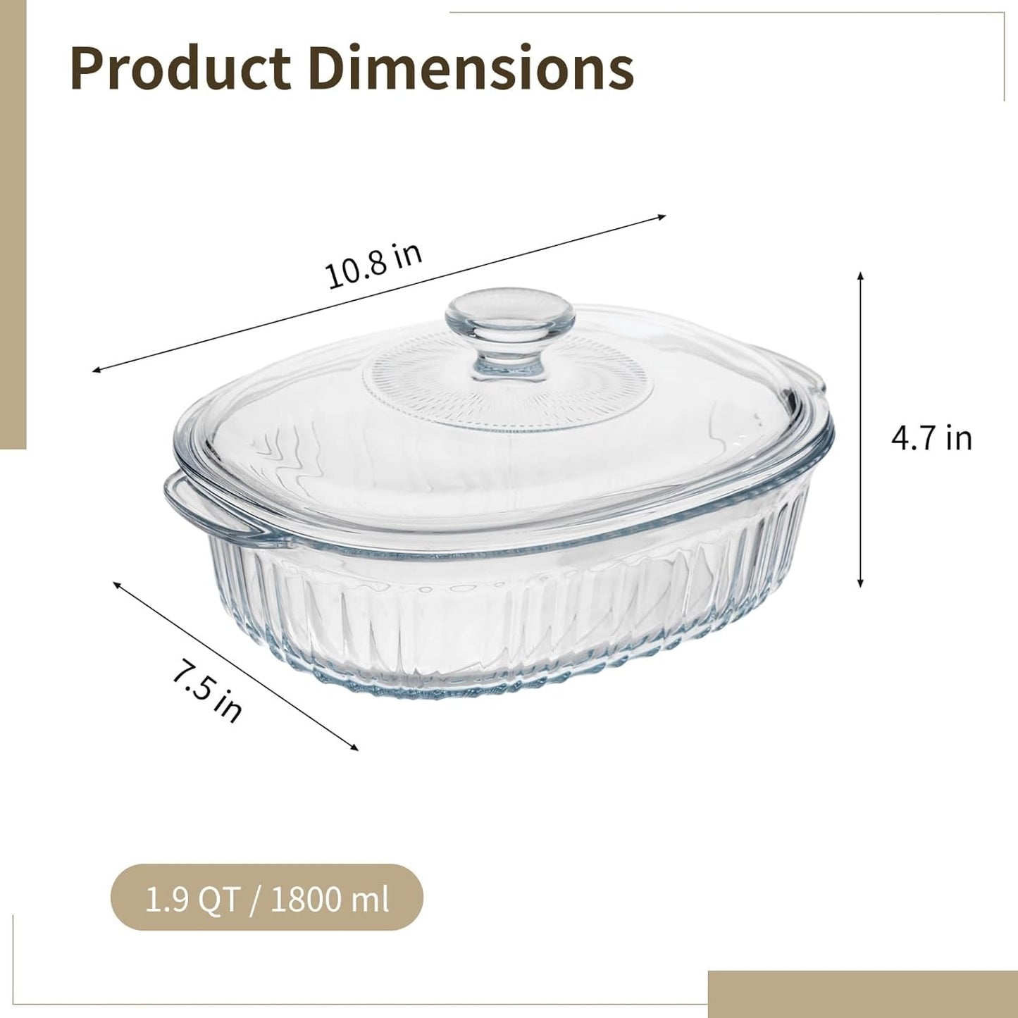 Skiennix 1.9 QT Oval Glass Casserole Dish - Clear Borosilicate, Oven & Fridge Safe, Easy-Clean Design