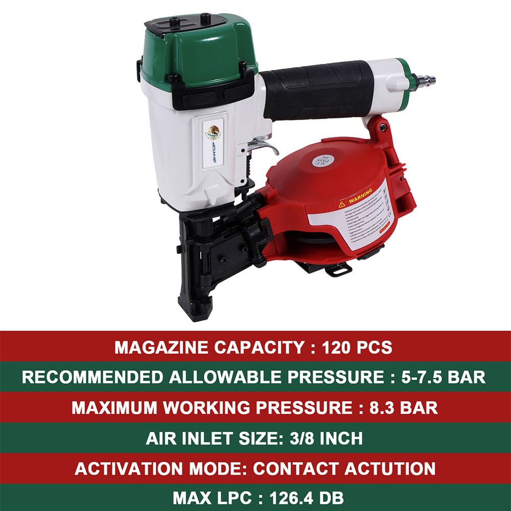 BHTOP Mexican Style CN45N Roofing Nailer, 15 Degree Roofing Nail Gun, 3/4-Inch to 1-3/4-Inch Coil Nails, 120-pcs Load Capacity Coil Nailer