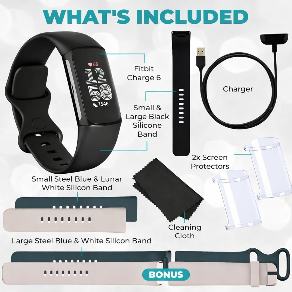 Fitbit Charge 6 Fitness Tracker (Bundle) – Black/Obsidian – Heart Rate, GPS, Sleep & Stress Tracking + Fast Charger, & Cleaning Cloth (Black)