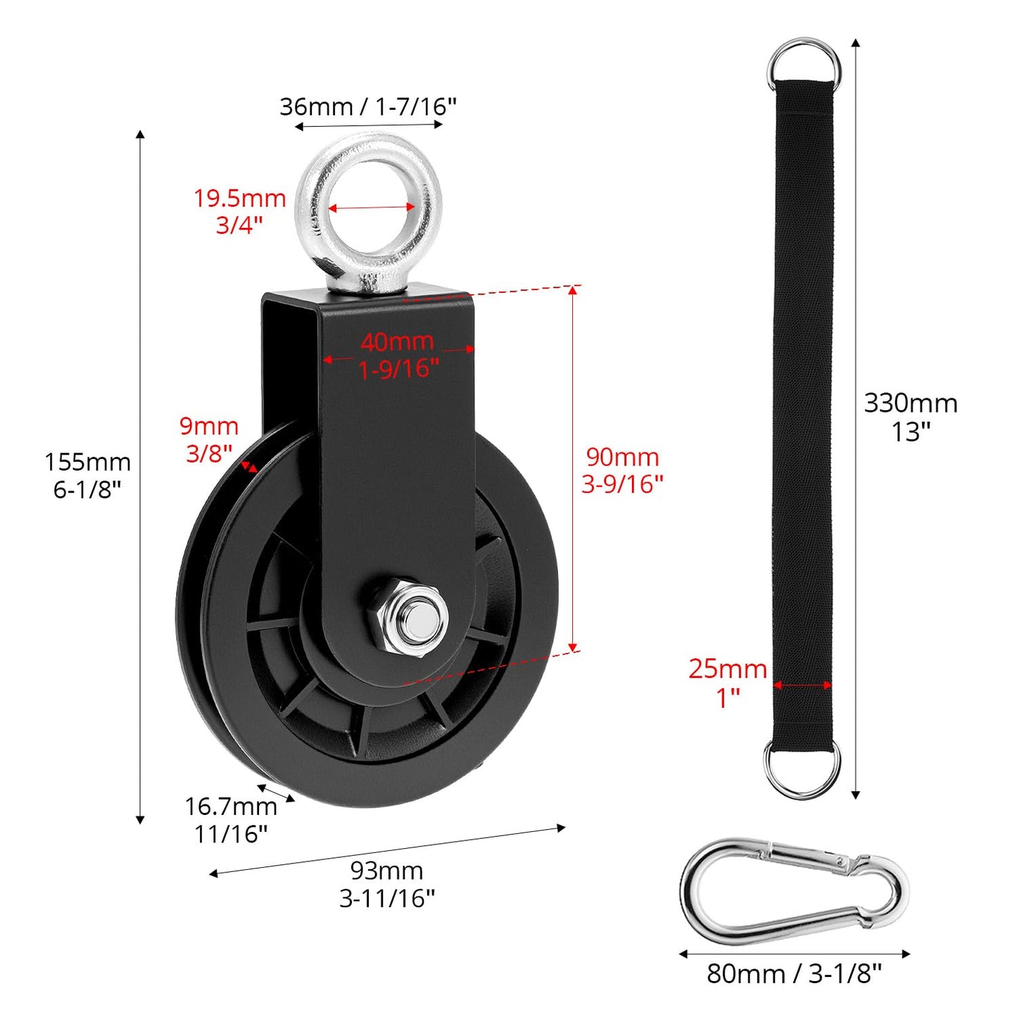 QWORK Gym Pulley Wheel Set, 2 Sets Cable Pulley with Swing Strap Carabiner – 330 lbs Capacity