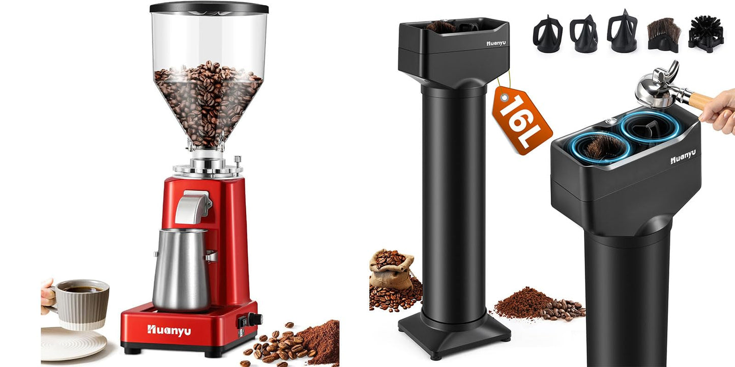 Huanyu Flat Burr Coffee Grinder with 19 Grinding Settings Large Capacity 35oz Red and Huanyu Electric Espresso Portafilter Cleaner 16L with Dual Brush Heads, 3 Scrapers Bundle