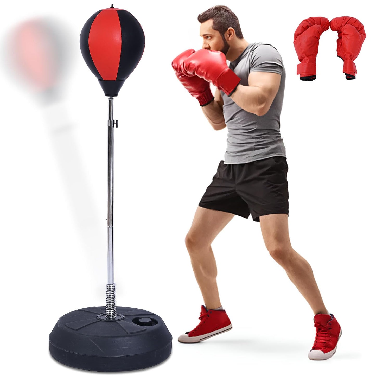 Stiatu Punching Bag with Stand, Heavy Boxing Bag Height Adjustable Reflex Bar and Speed Punching Bag for Adults & Youth, Home Gym Training Equipment for MMA Fitness Stress Relief (Red)