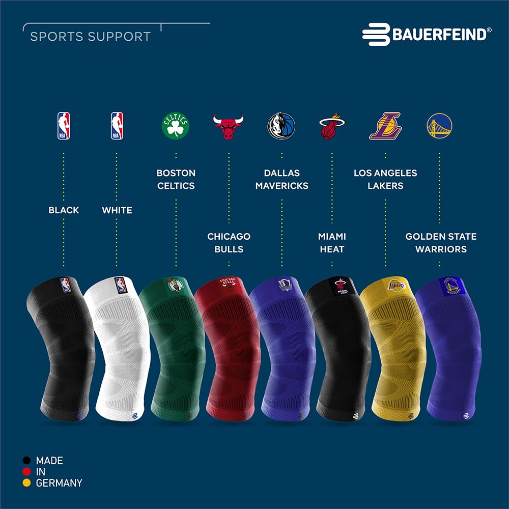 Bauerfeind Sports Compression Knee Support NBA - Lightweight Design with Gripping Zones for Basketball Knee Pain Relief & Performance with Team Designs (Black, L)