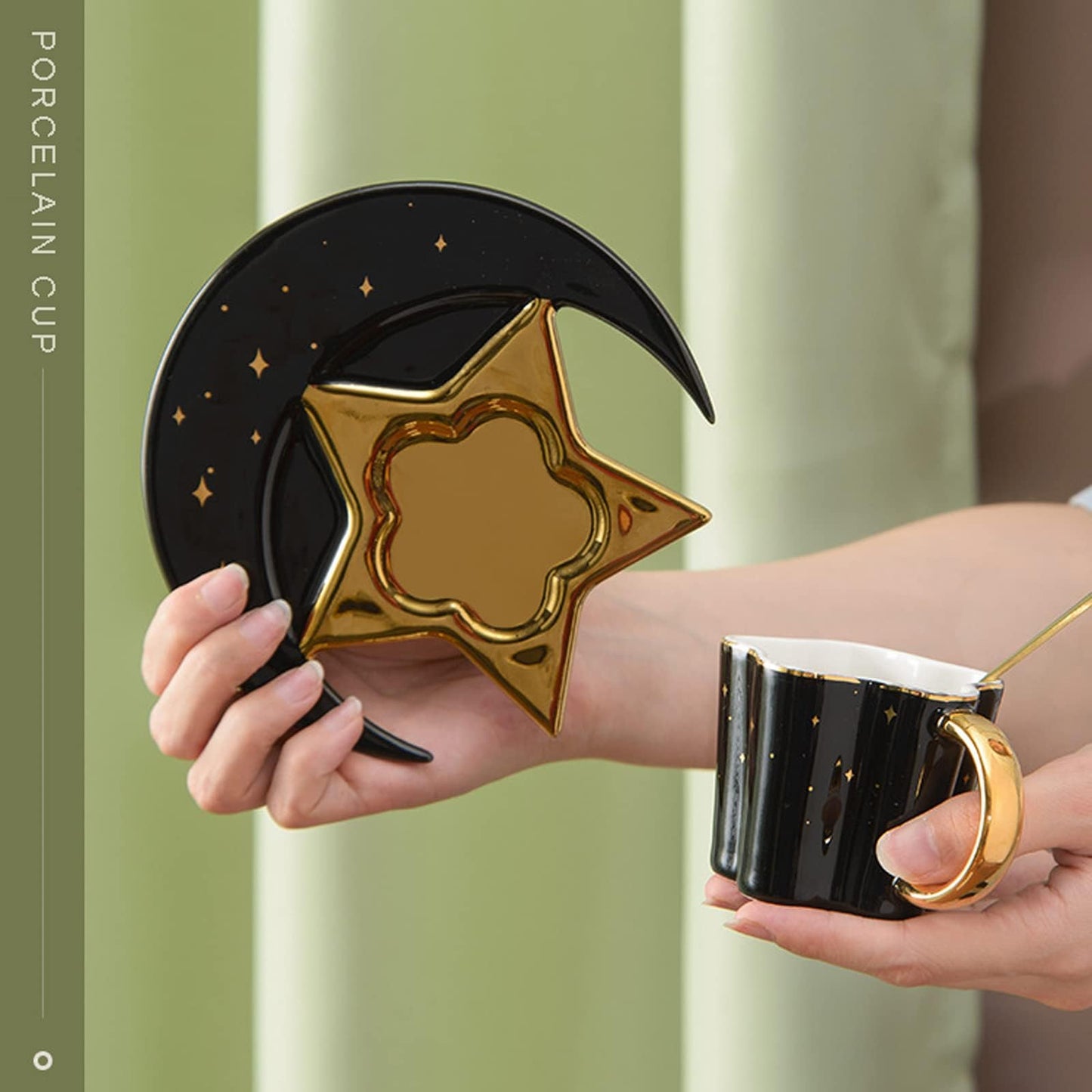 4.2 Ounce Irregular Ceramic Coffee Cup,Gold Plate Handle Mug,Moon and Star Shape Coffee Tea Cup and Saucer Sets with spoon,for Cappuccino,Tea,Cocoa,Cereal,Hot Chocolate (Black with Golden)