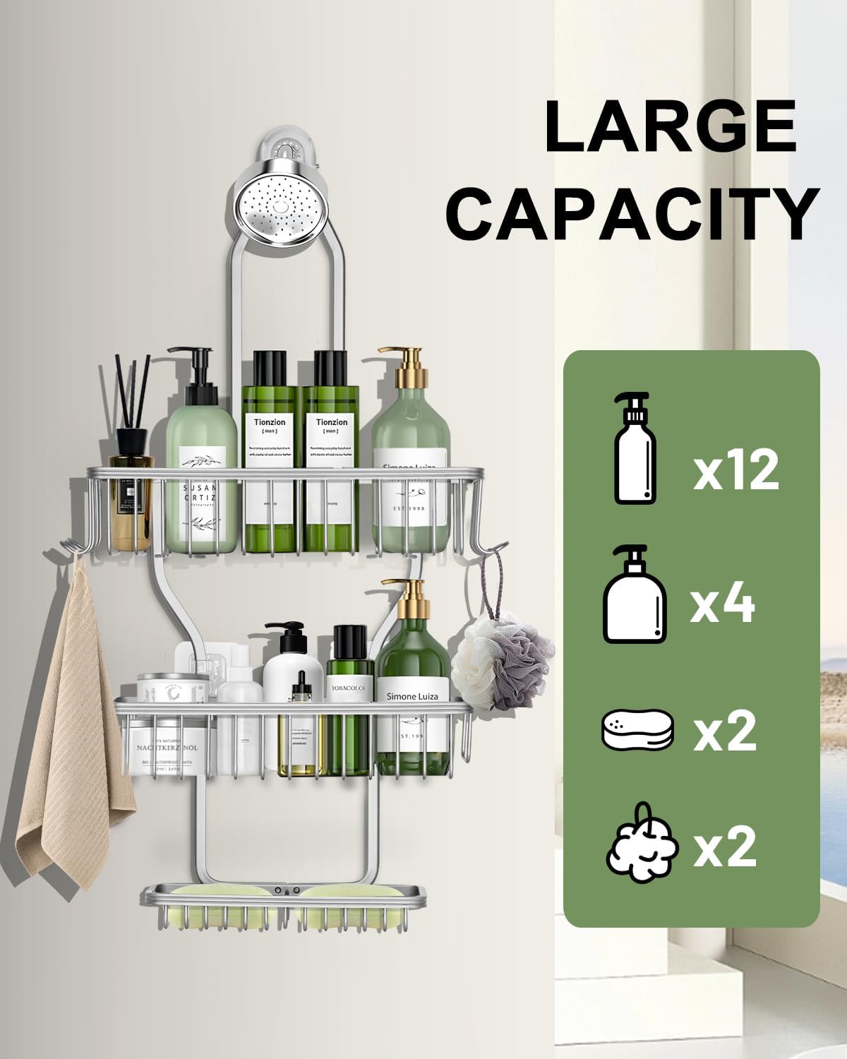 Regine Switzerland Shower Caddy - Rust-Free Aluminum Hanging Organizer with 6 Hooks for Razors & Sponges | Silver