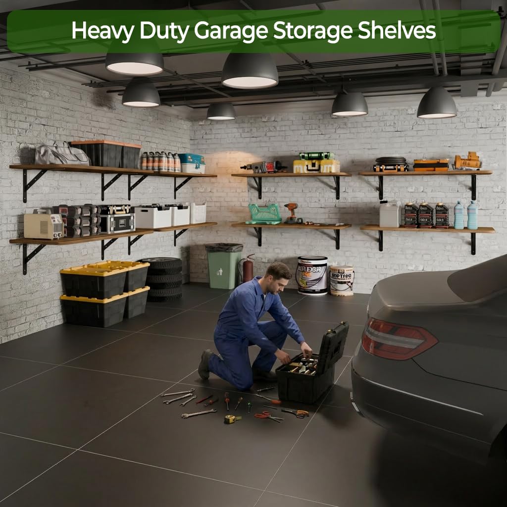 Dogsky 2-Pack Garage Storage Shelving Wall Mounted 48x24 Inches-Heavy Duty Floating Wall Shelf 500lbs Capacity with Engineered Wood - Utility Shelves for Garage, Closets, or Utility Rooms, Walnut