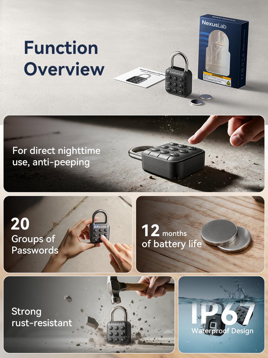 NexusLab Digital Padlock for Gym Locker & Outdoor Gate - IP67 Waterproof Electronic Combination Lock, Push Button Keypad, No App Needed. 6-Digit Smart Keyless Entry for School, Shed, Fence