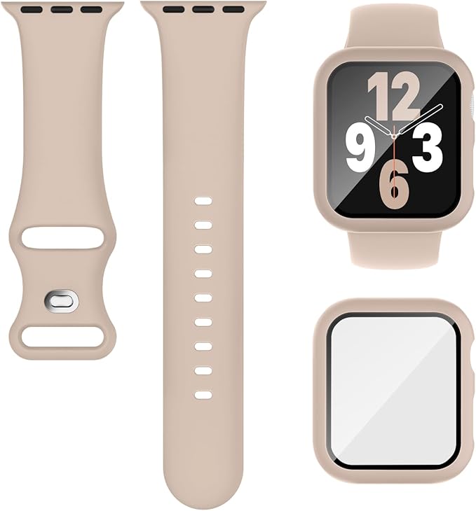 Compatible for Apple Watch Band 44mm 45mm and Case with Screen Protector, Soft Silicone Sport Strap Bands and Protective Cover with Tempered Glass for iWatch Series 9 8 7 SE 6 5 4
