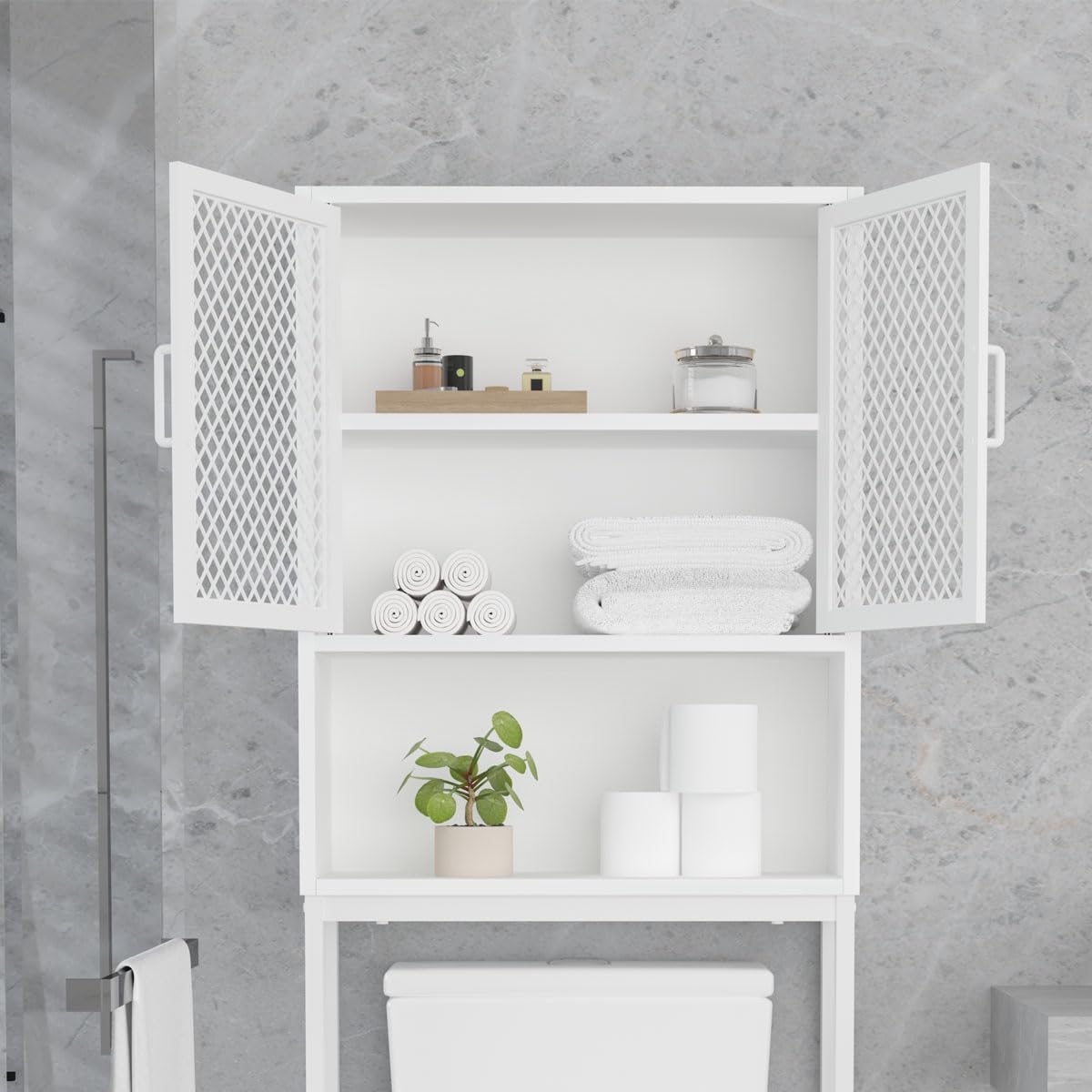 Launica Over the Toilet Storage Cabinet, Over Toilet Bathroom Organizer with Mesh Doors and Shelves, Freestanding Bathroom Storage Cabinet Above Toilet, Wood and Metal, White Oak