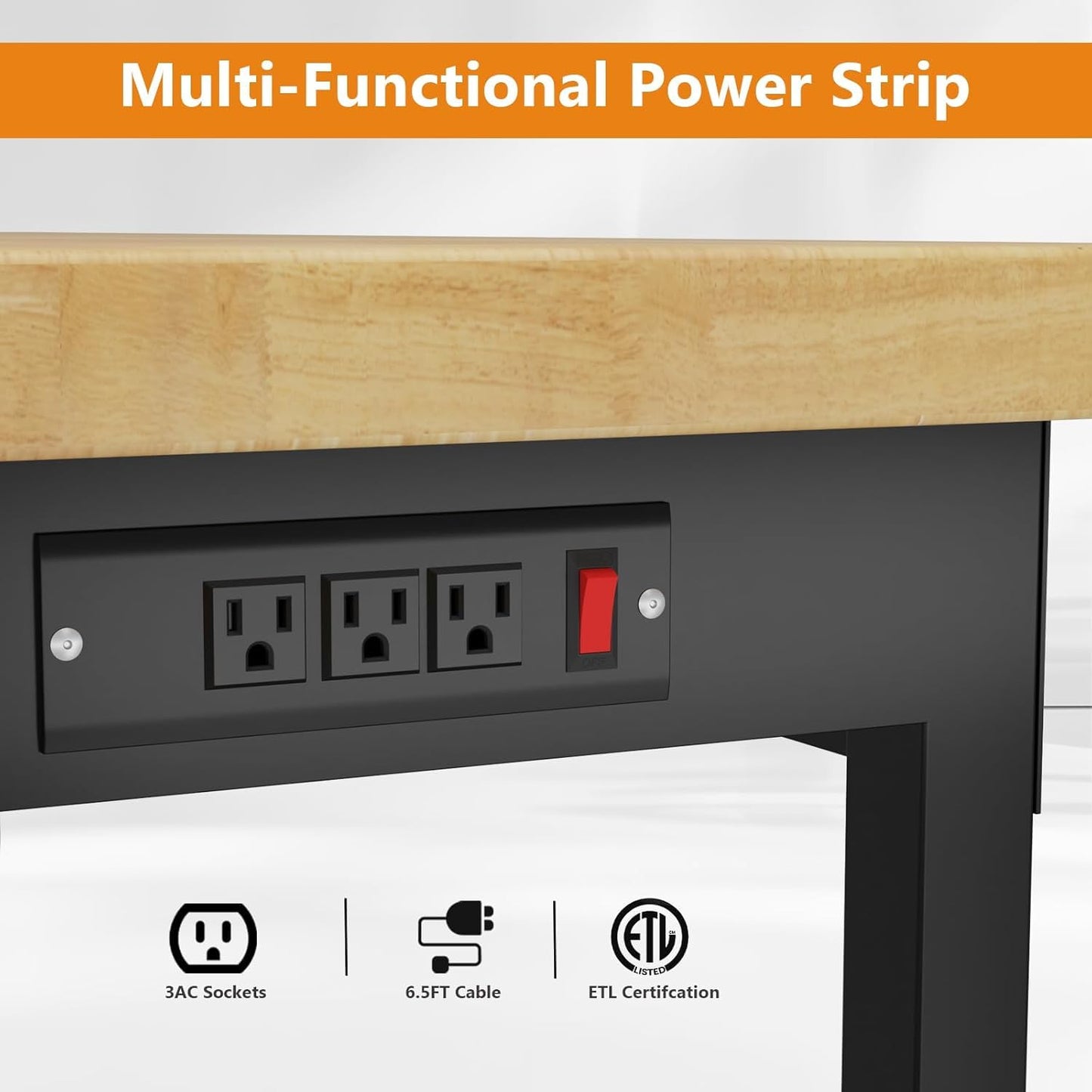 Pelnuies 48" Heavy-Duty Solid Wood Work Bench with Drawers, Adjustable Height Workbench with Wheels, 2000 LBS Capacity Work Table with Power Outlets for Garage, Workshop(48" X 24")