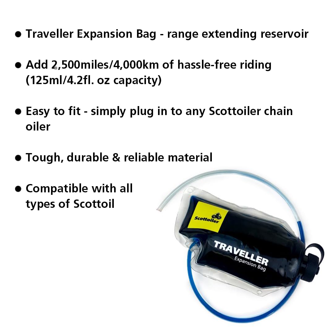 Scottoiler xSystem 3.0+ Electronic Automatic Motorcycle Chain Lubrication System with Bluetooth App Control, Biodegradable Green Scottoil & Traveller Expansion Bag Extra Range Bundle