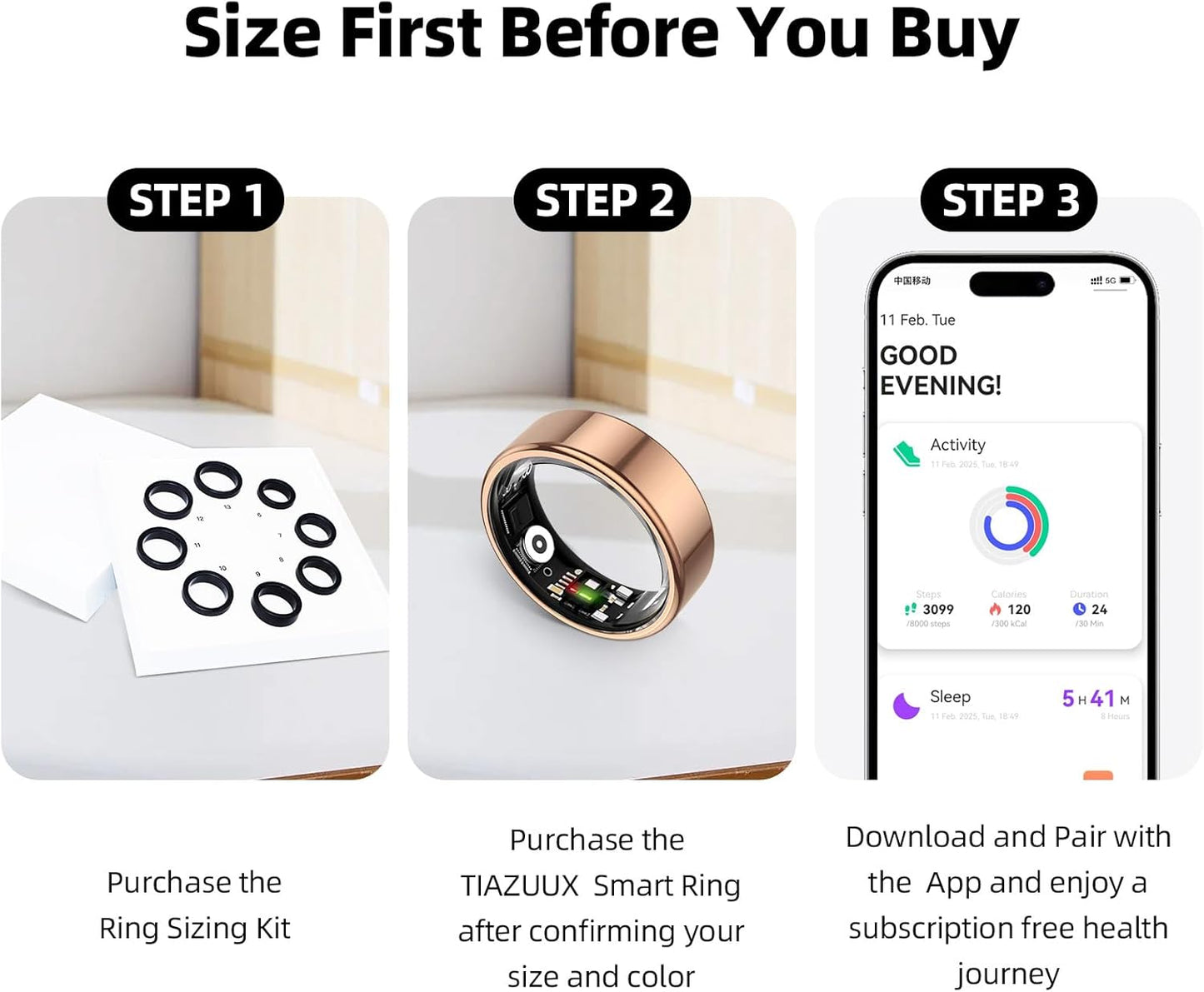 TIAZUUX Tracker-IP68 Smart Ring for Women&Men-Activity/Sleep/Heart Rate/HRV/Stress/Women's Health
