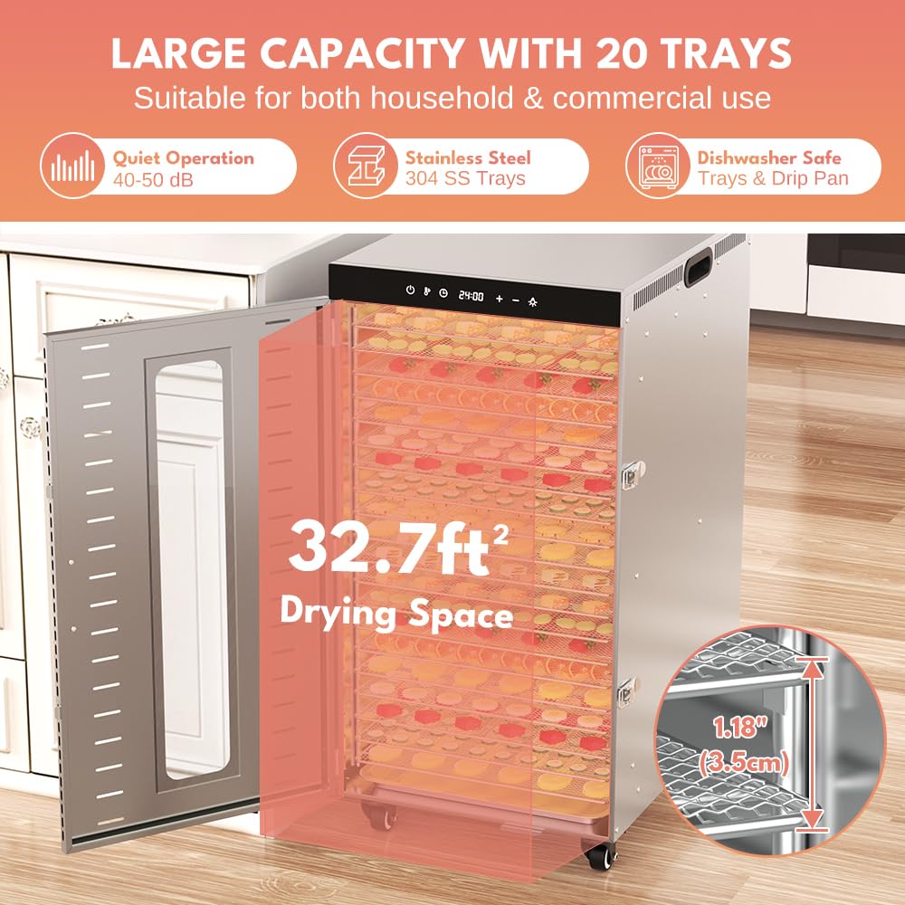 BriSunshine 20-Tray Commercial Food Dehydrator Machine, 24H Timer, 1600W Large Stainless Steel Dehydrators for Meat Jerky, Dog Treats, Fruits