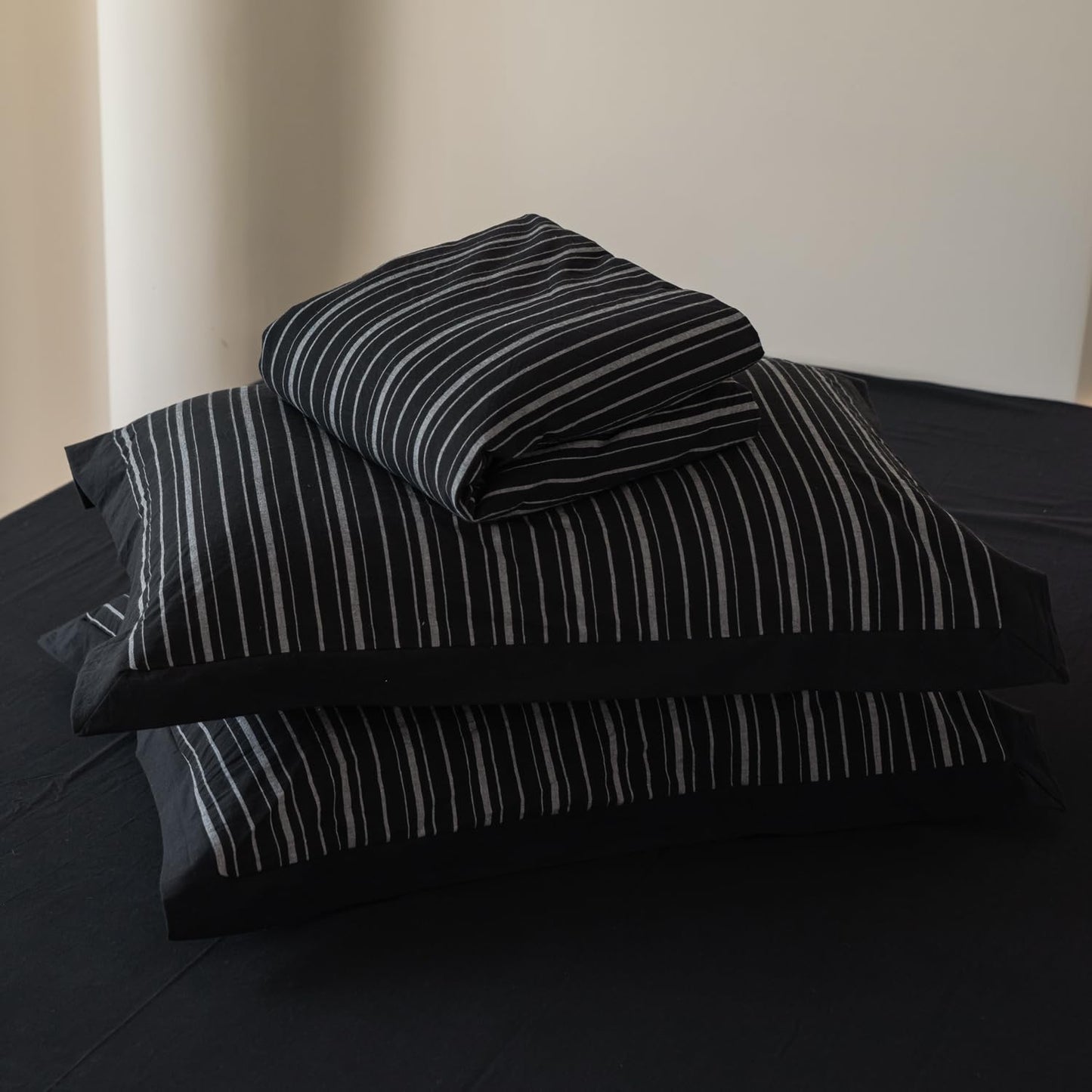SUSYBAO Pinstripe Duvet Cover Queen 100% Washed Cotton 3 Pieces Set 1 Black Vertical Striped Duvet Cover with Zipper Ties 2 Pillow Shams Classic White Ticking Stripe Bedding Set