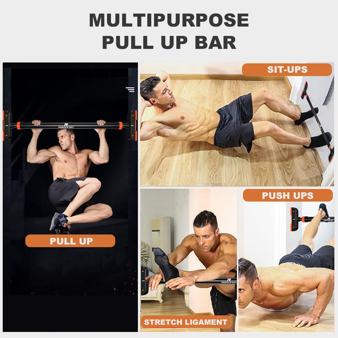 RHINOSPORT Door Pull Up Bar Doorway Chin Up Bar from 69-92 cm (27.1in-36.2in) Workout Equipment for Home Gym Upper Body Workout Non-slip