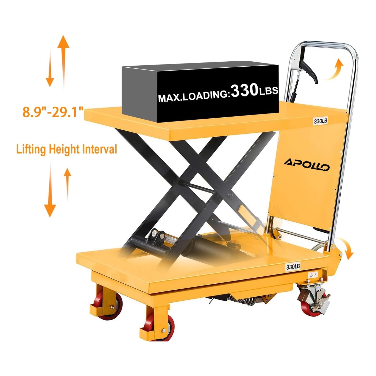 APOLLOLIFT Hydraulic Lift Table, 330lbs Capacity 29.1" Lifting Height, Single Scissor Lift Table Cart with 4 Wheels and Safety Back Guard for Material Handling and Transportation