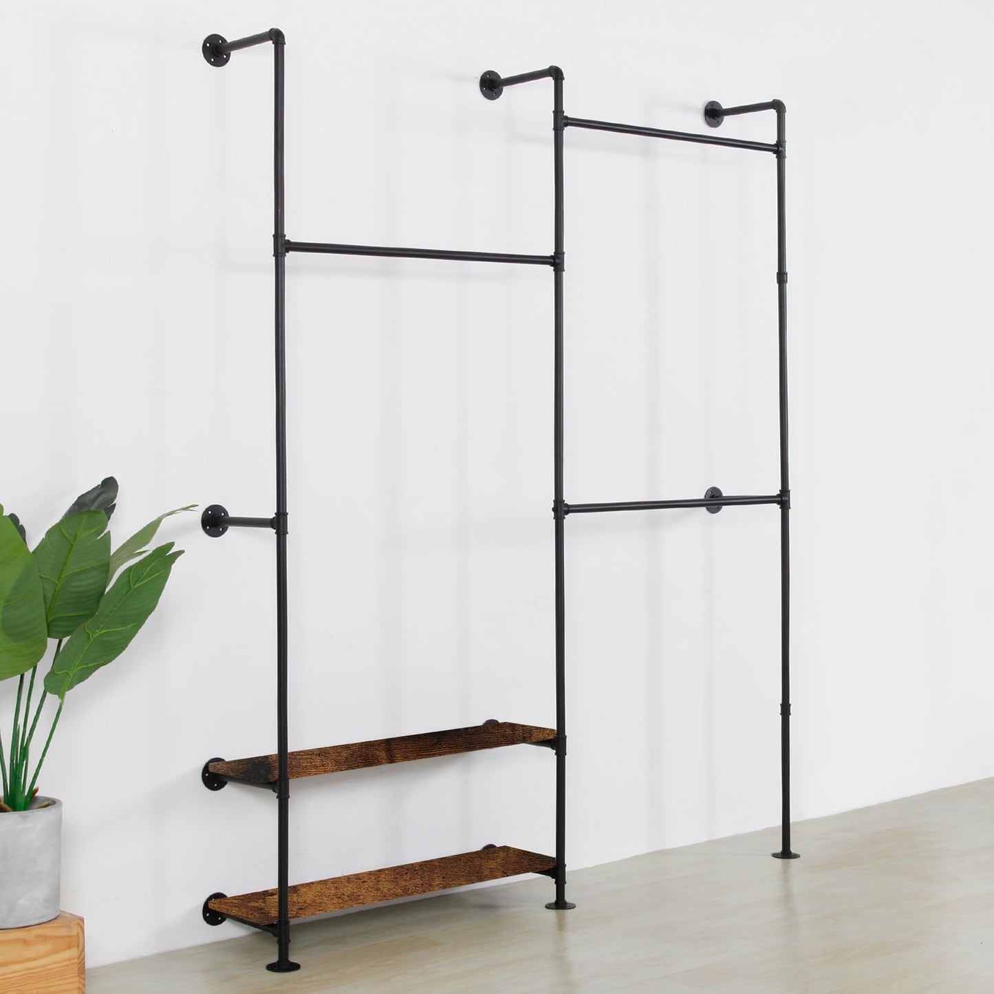 EDCB Industrial Pipe Clothing Rack Wall Mounted - Heavy Duty Wood Shelves Garment Display for Bedroom/Retail Stores, Steampunk Clothes Hanger Organizer, Black(91.7X74.8inch)