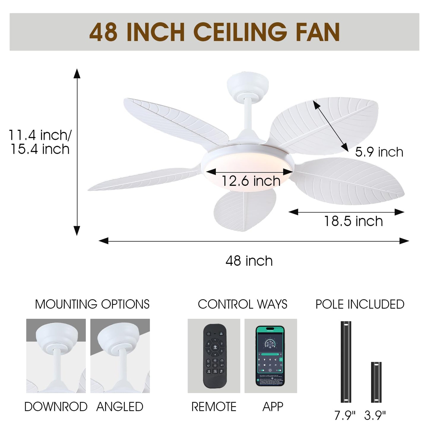 Wiviniya 48 Inch Tropical Ceiling Fans with Lights, Palm Leaf Outdoor Ceiling Fan with Light for Patios Porch Bedroom Living Room, Remote/APP Control, Reversible Quiet DC Motor, Dimmable LED, White